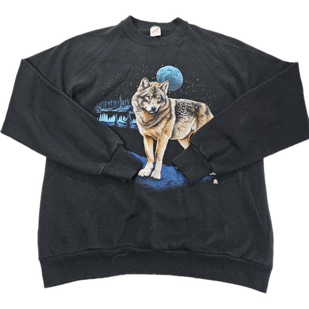 Jerzees Moonlight Wolf Crewneck Sweatshirt 1980s Men's Size XL Vintage Pullover